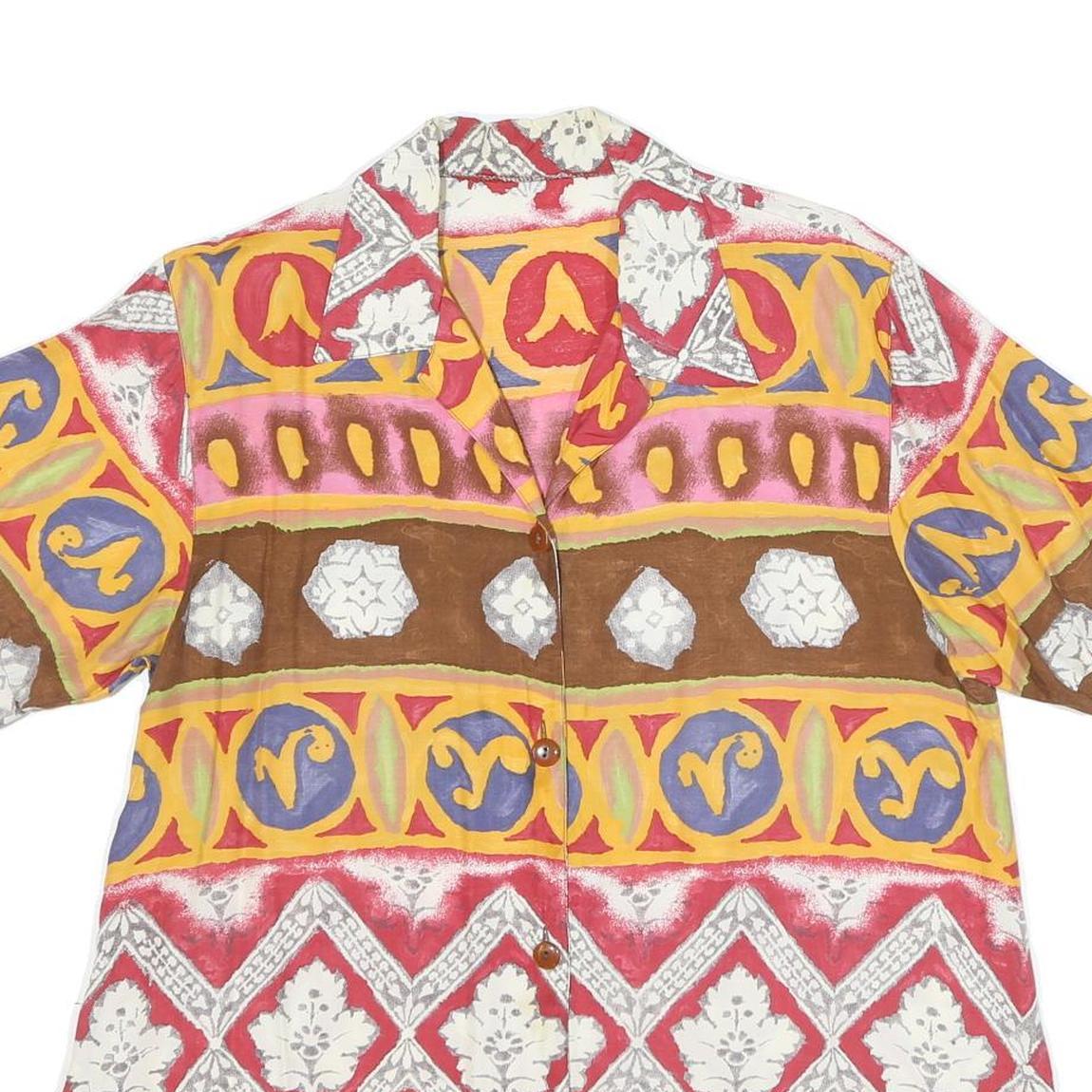 Womens Beige Brown Yellow Patterned Faux Silk Shirt L Short Sleeve Button