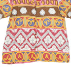 Womens Beige Brown Yellow Patterned Faux Silk Shirt L Short Sleeve Button