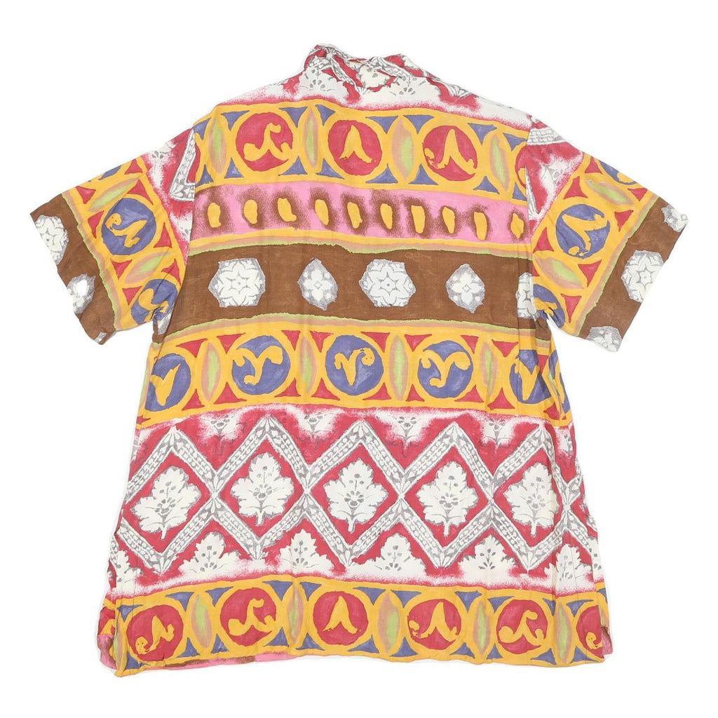 Womens Beige Brown Yellow Patterned Faux Silk Shirt L Short Sleeve Button