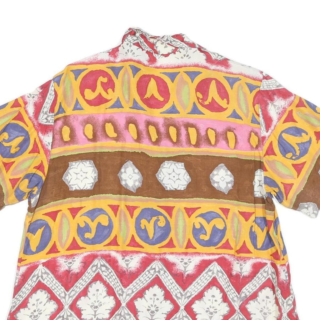 Womens Beige Brown Yellow Patterned Faux Silk Shirt L Short Sleeve Button