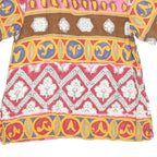 Womens Beige Brown Yellow Patterned Faux Silk Shirt L Short Sleeve Button