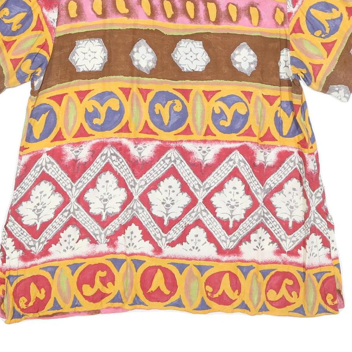 Womens Beige Brown Yellow Patterned Faux Silk Shirt L Short Sleeve Button