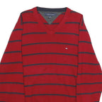 TOMMY HILFIGER Mens Red & Navy Striped Patterned V-Neck Plain Basic Knit L