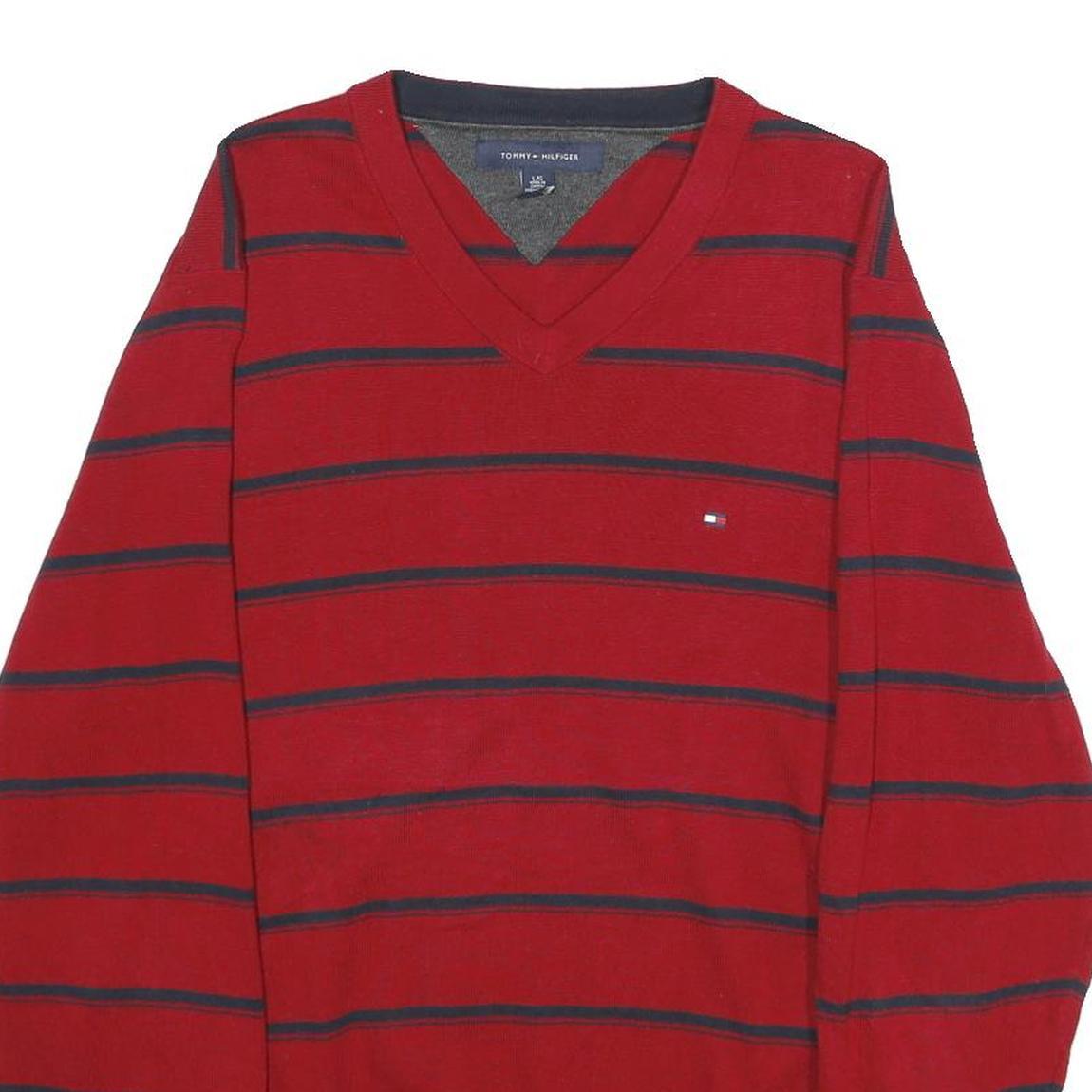 TOMMY HILFIGER Mens Red & Navy Striped Patterned V-Neck Plain Basic Knit L