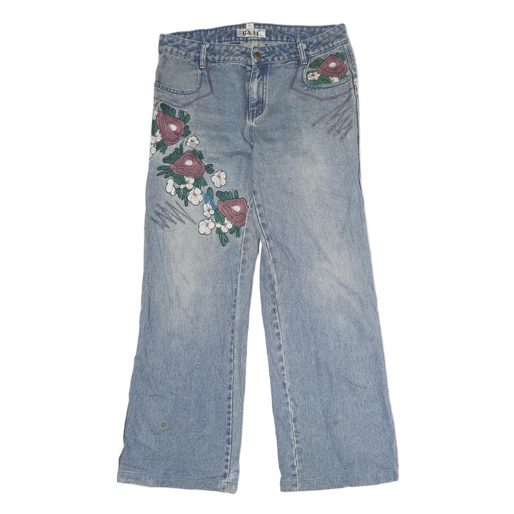 B&H Womens Jeans Blue Regular Straight Denim Light W31 L29 Floral Embroidered