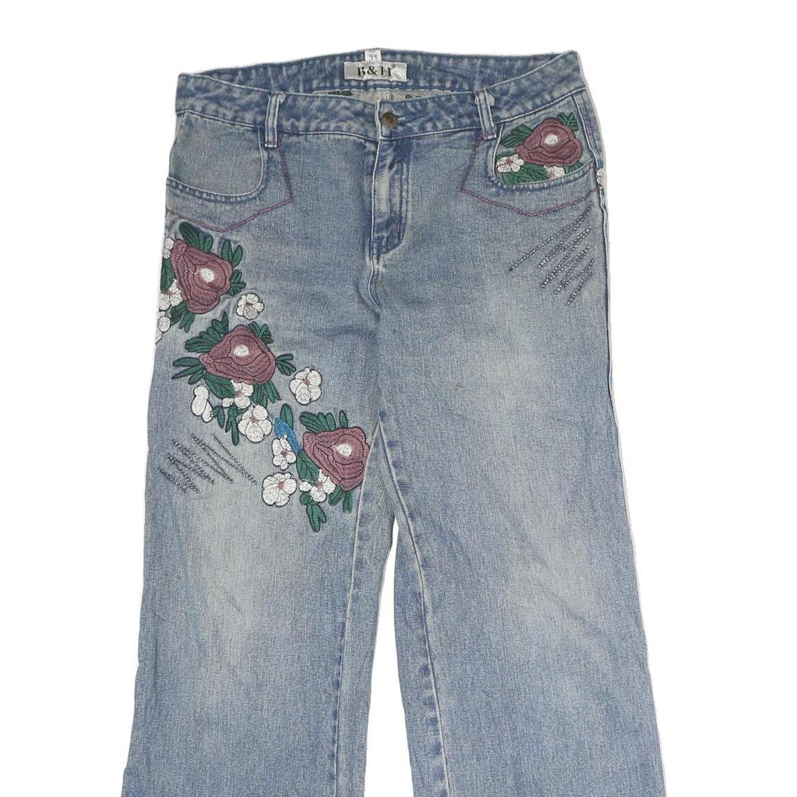 B&H Womens Jeans Blue Regular Straight Denim Light W31 L29 Floral Embroidered