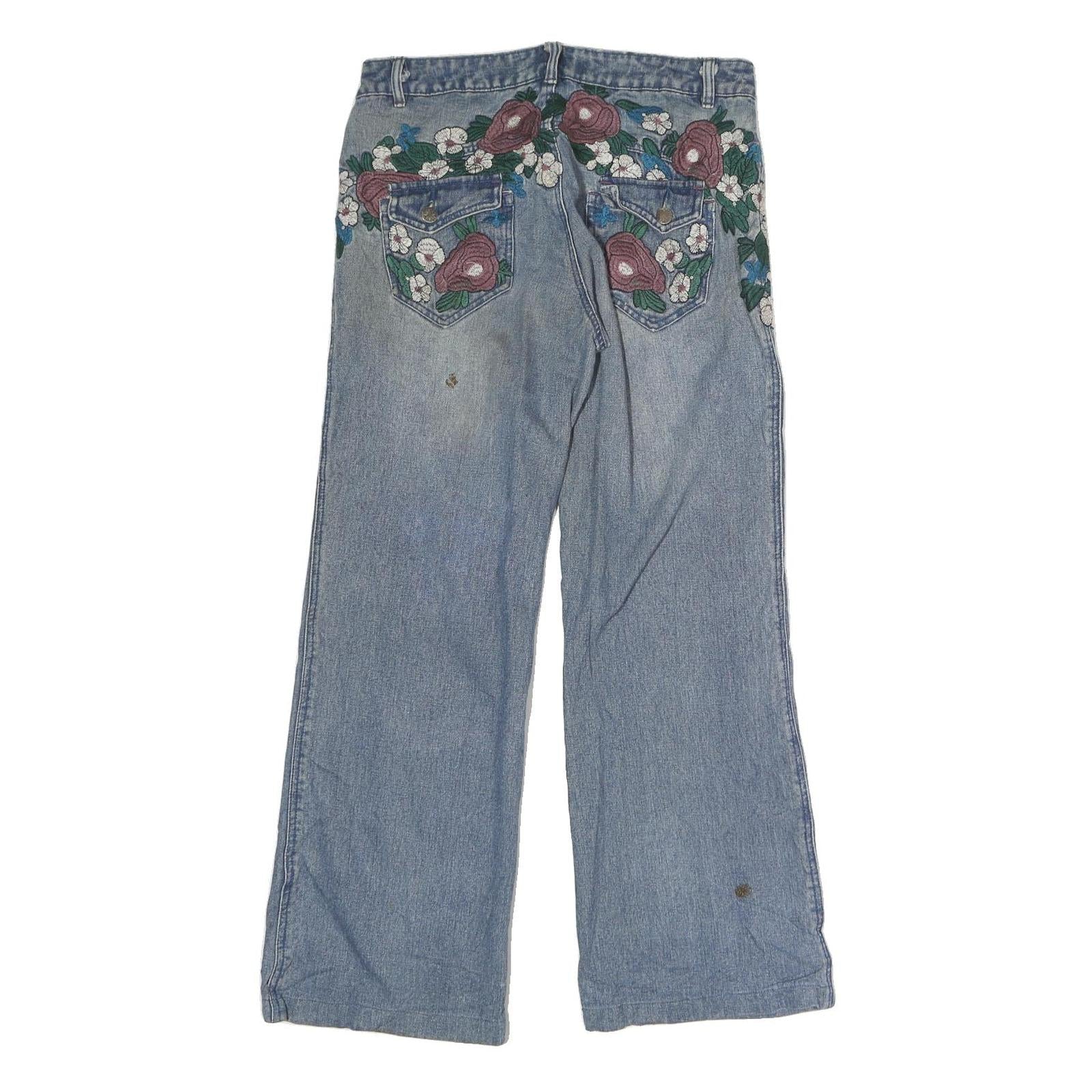 B&H Womens Jeans Blue Regular Straight Denim Light W31 L29 Floral Embroidered