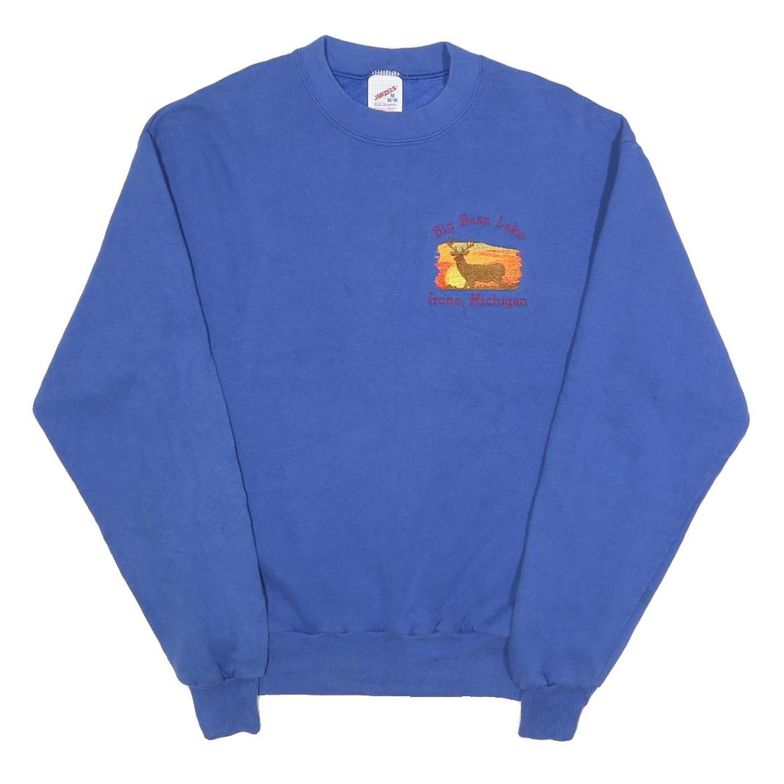 JERZEES Mens Blue Sweatshirt Big Bass Lake Michigan Crew Neck M Embroidered