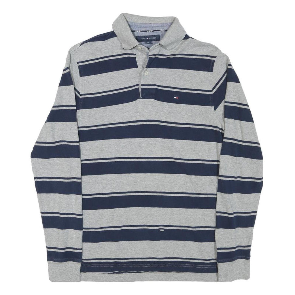 TOMMY HILFIGER Mens Grey & Navy Blue Striped Long Sleeve Polo Shirt XS Cotton