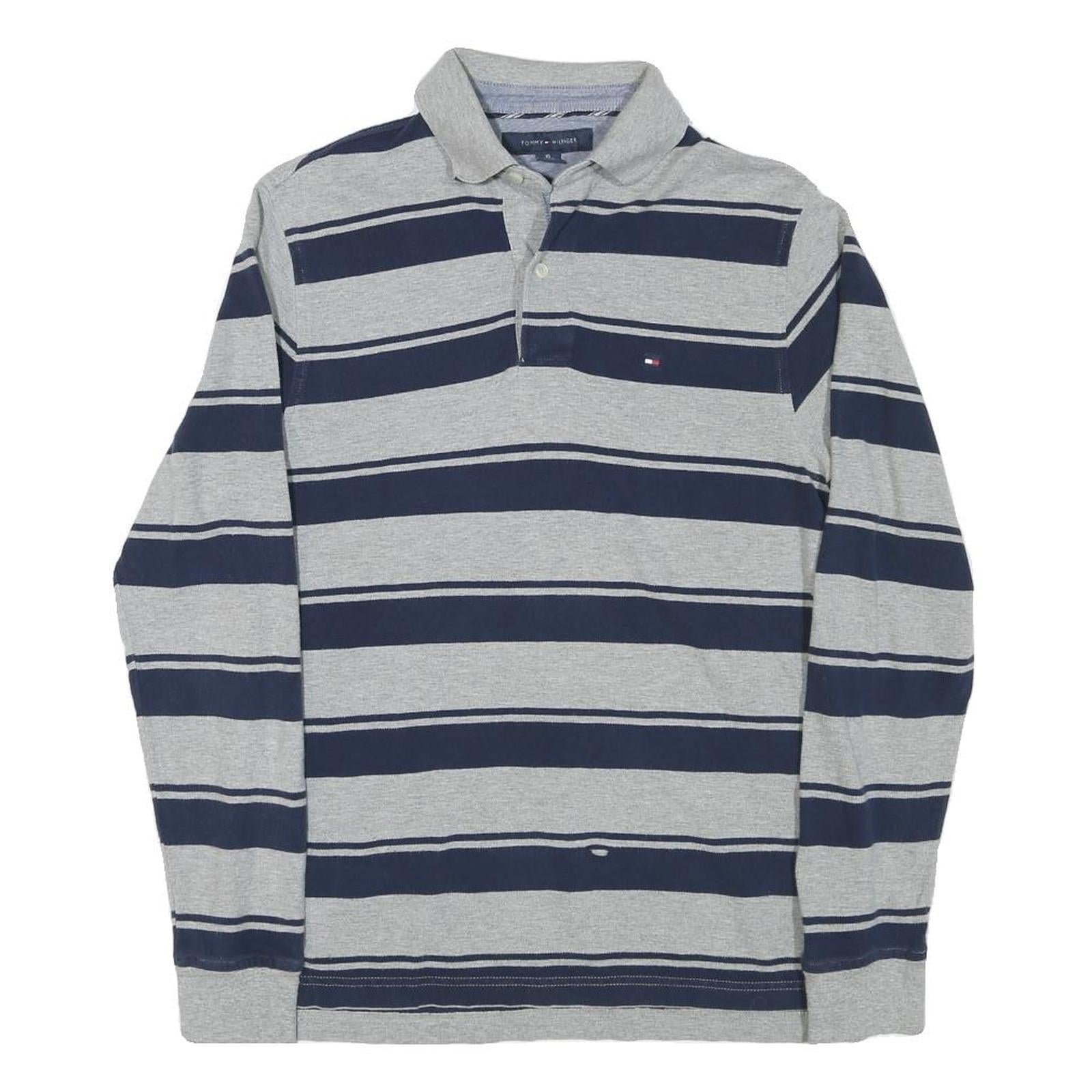 TOMMY HILFIGER Mens Grey & Navy Blue Striped Long Sleeve Polo Shirt XS Cotton