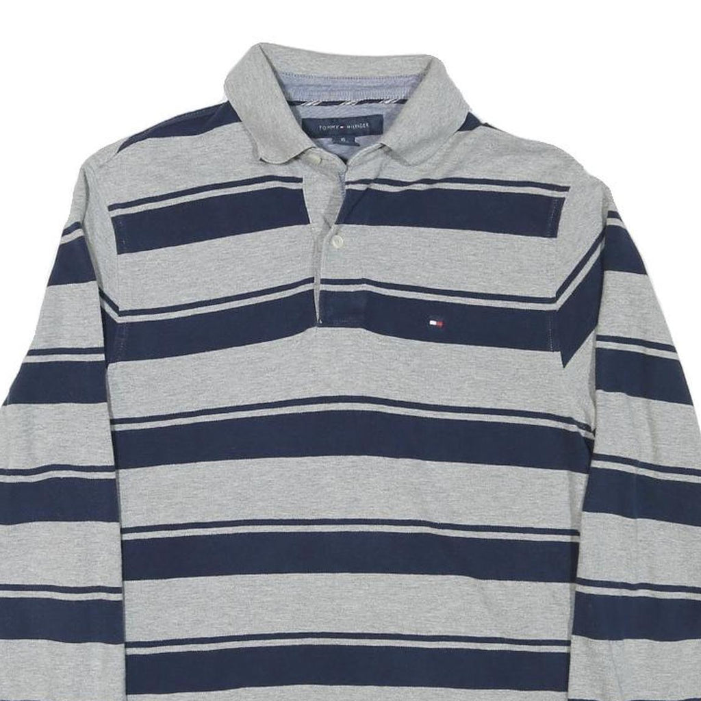 TOMMY HILFIGER Mens Grey & Navy Blue Striped Long Sleeve Polo Shirt XS Cotton