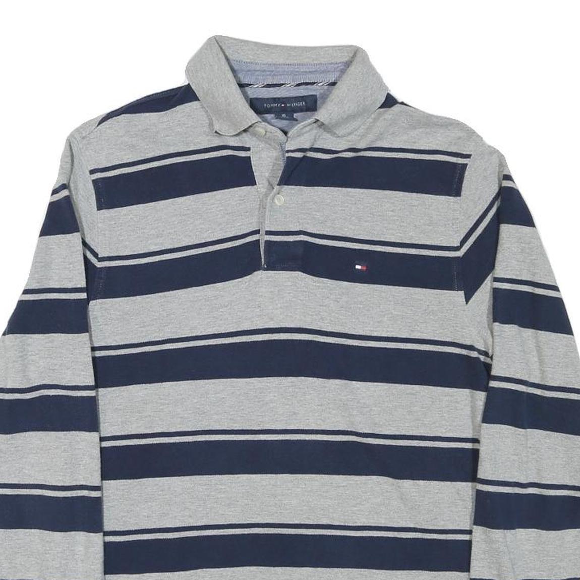 TOMMY HILFIGER Mens Grey & Navy Blue Striped Long Sleeve Polo Shirt XS Cotton