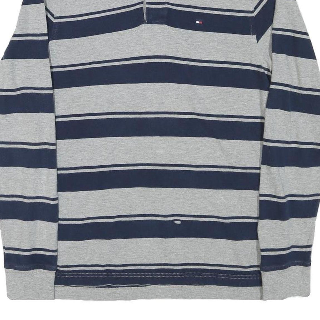 TOMMY HILFIGER Mens Grey & Navy Blue Striped Long Sleeve Polo Shirt XS Cotton