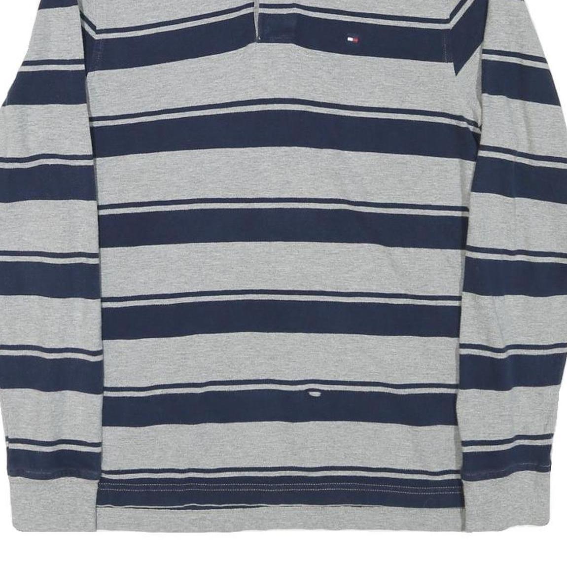 TOMMY HILFIGER Mens Grey & Navy Blue Striped Long Sleeve Polo Shirt XS Cotton