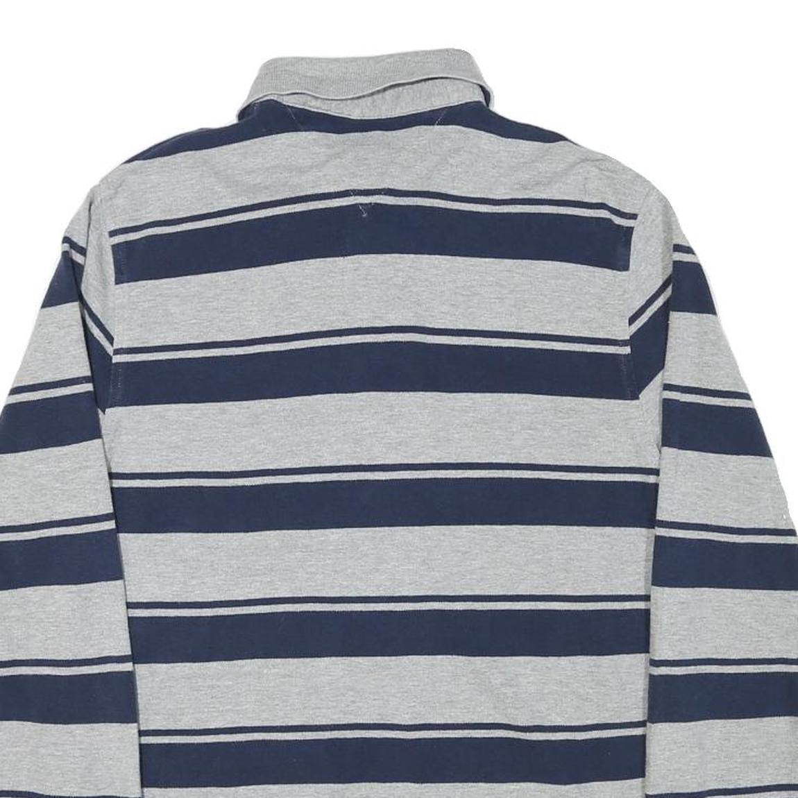 TOMMY HILFIGER Mens Grey & Navy Blue Striped Long Sleeve Polo Shirt XS Cotton