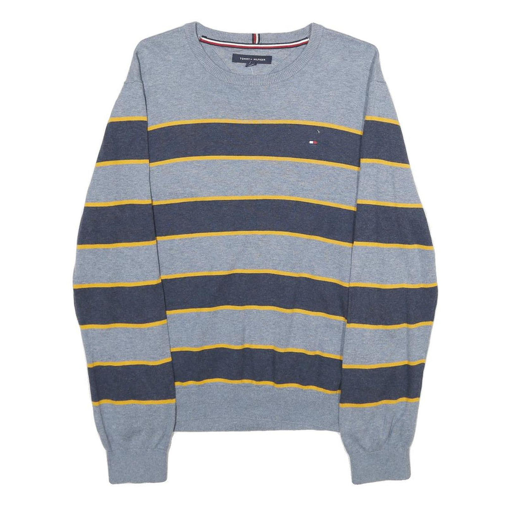 TOMMY HILFIGER Mens Grey & Navy Yellow Stripe Patterned Cotton Jumper Crew Neck