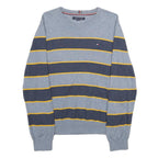 TOMMY HILFIGER Mens Grey & Navy Yellow Stripe Patterned Cotton Jumper Crew Neck