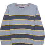TOMMY HILFIGER Mens Grey & Navy Yellow Stripe Patterned Cotton Jumper Crew Neck