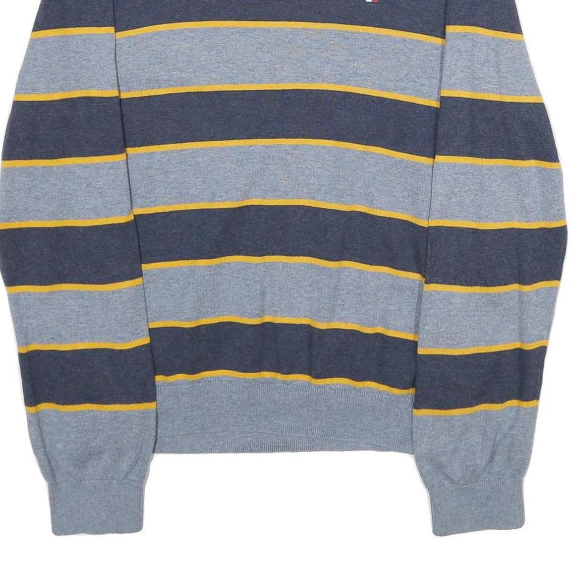 TOMMY HILFIGER Mens Grey & Navy Yellow Stripe Patterned Cotton Jumper Crew Neck