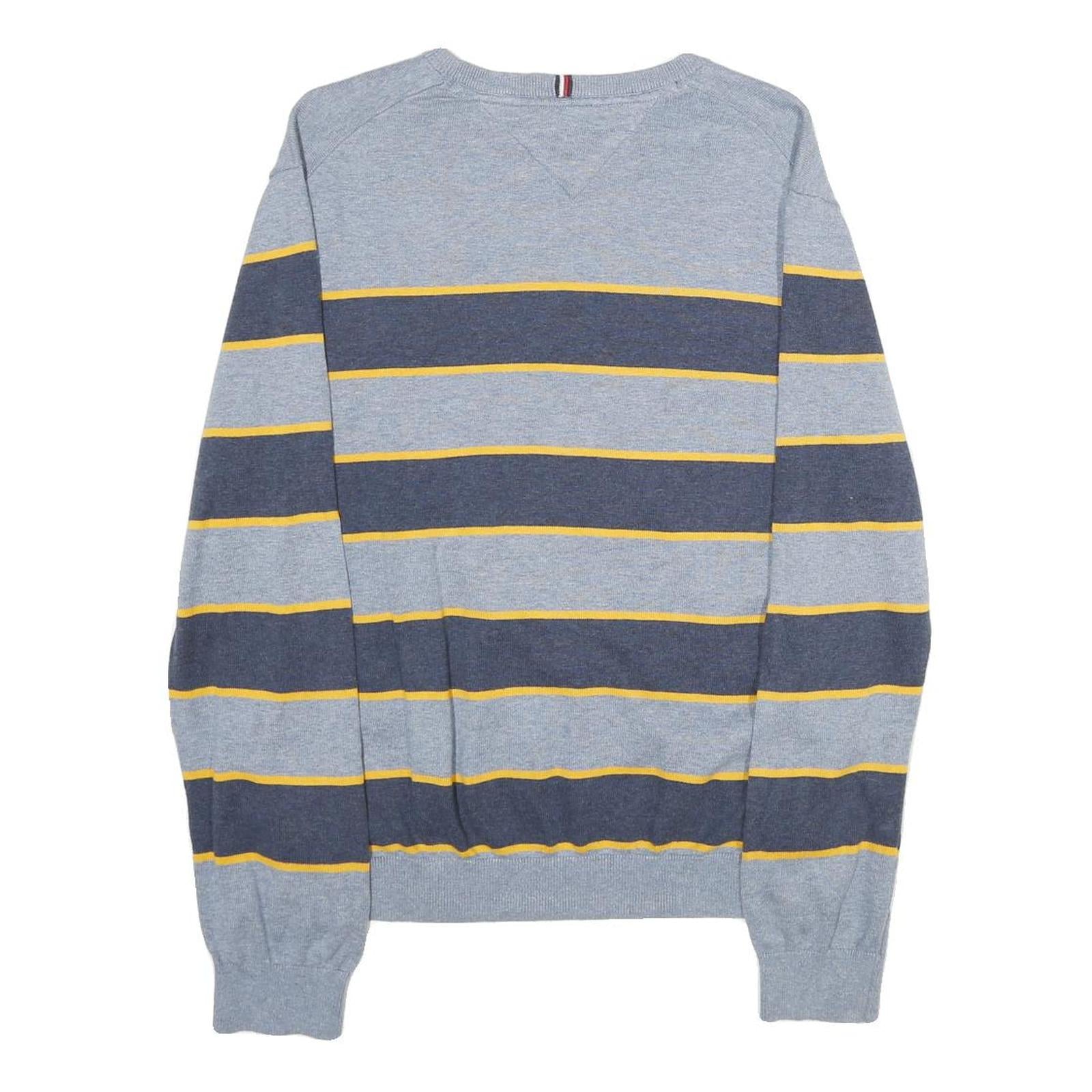 TOMMY HILFIGER Mens Grey & Navy Yellow Stripe Patterned Cotton Jumper Crew Neck