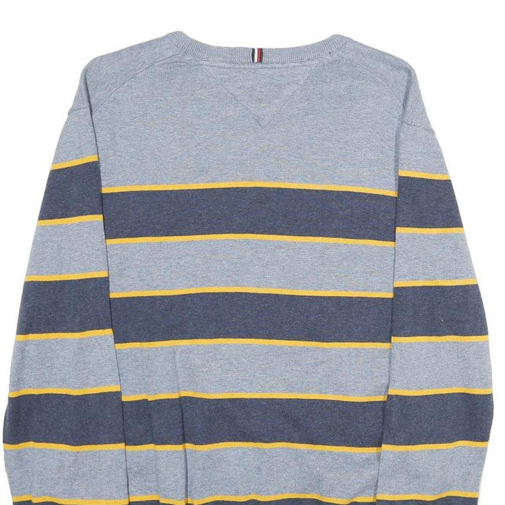 TOMMY HILFIGER Mens Grey & Navy Yellow Stripe Patterned Cotton Jumper Crew Neck