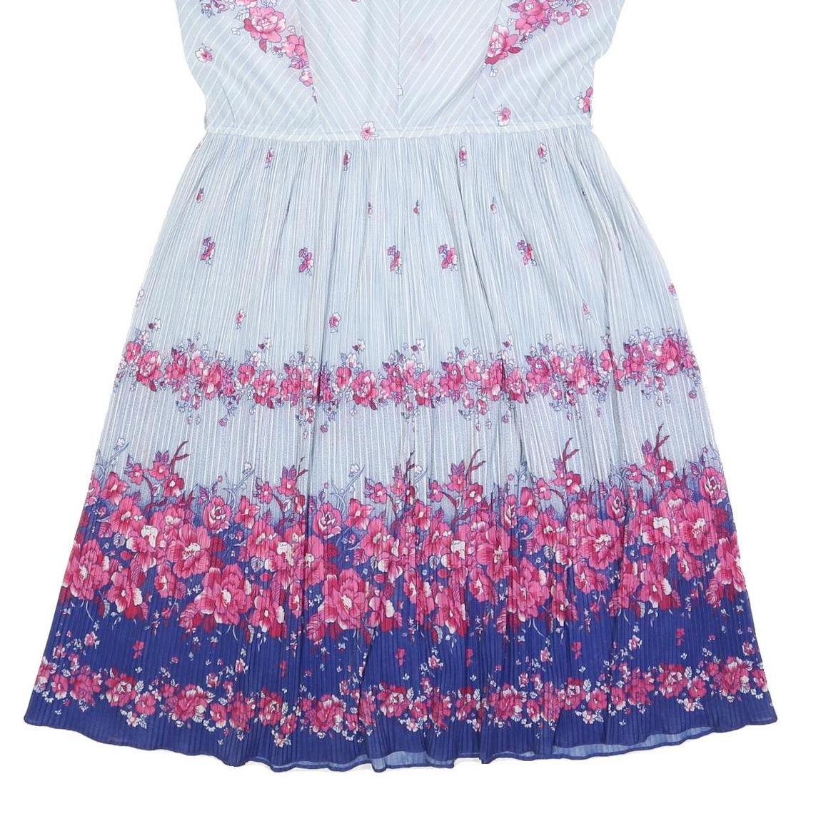 Womens Blue Polyester Floral Print Midi Dress V Neck Short Sleeve L