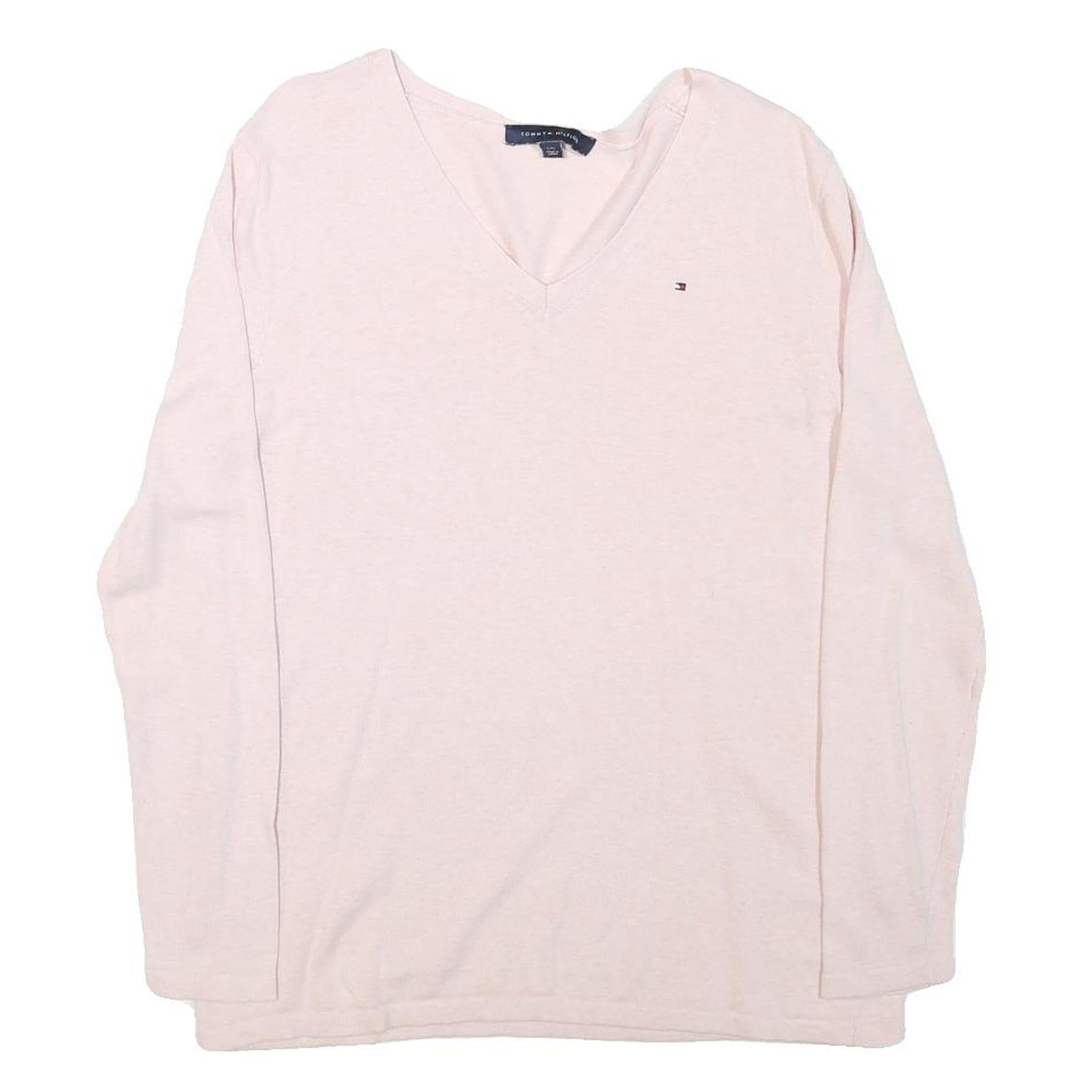 TOMMY HILFIGER Womens Cream Jumper V-Neck Basic Knit L Cotton Blend Casual