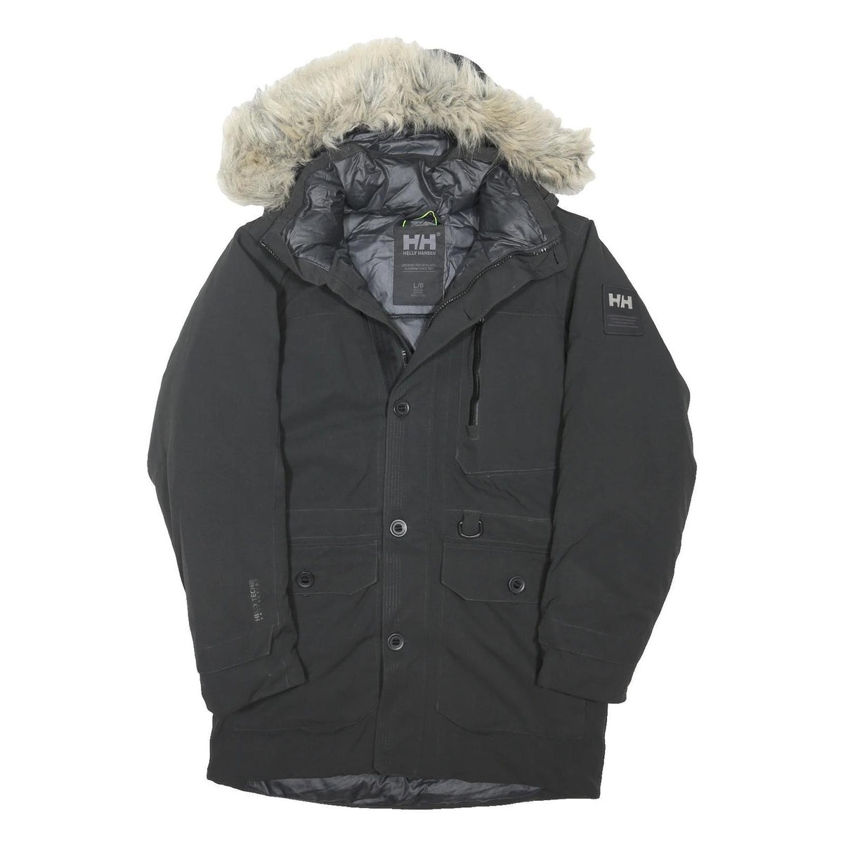 HELLY HANSEN Mens Black Outdoor Jacket L Polyester Blend Hooded Button Warm