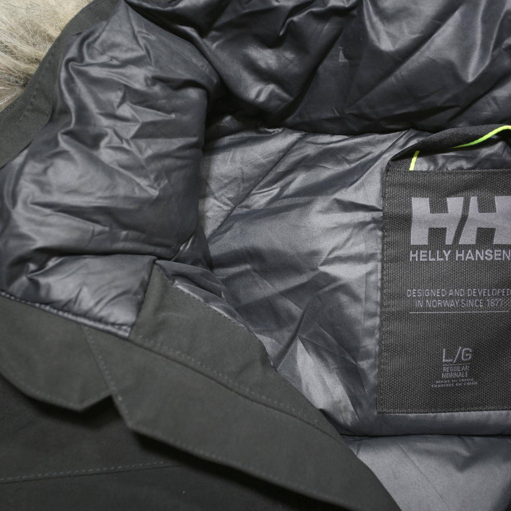 HELLY HANSEN Mens Black Outdoor Jacket L Polyester Blend Hooded Button Warm