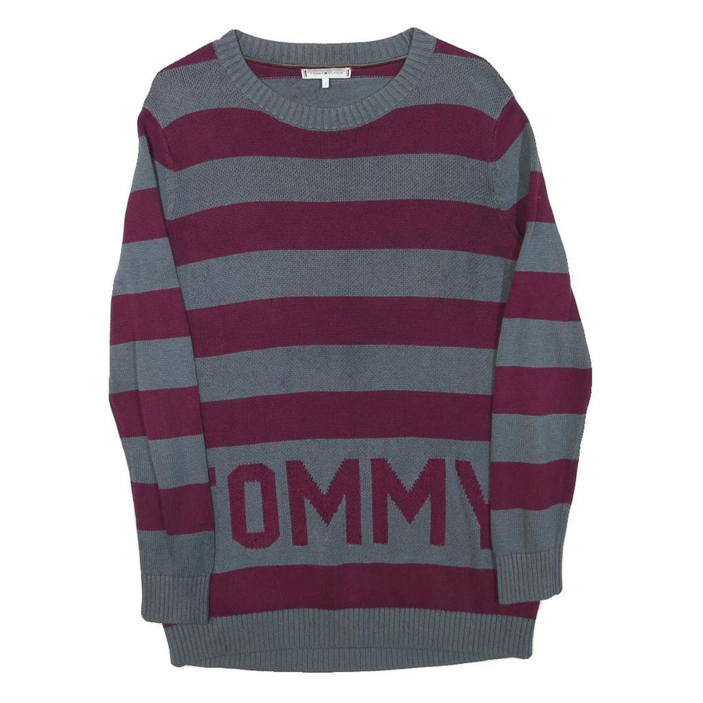 TOMMY HILFIGER Womens Grey & Maroon Striped Pattern Cotton Blend Jumper Crew