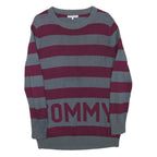 TOMMY HILFIGER Womens Grey & Maroon Striped Pattern Cotton Blend Jumper Crew