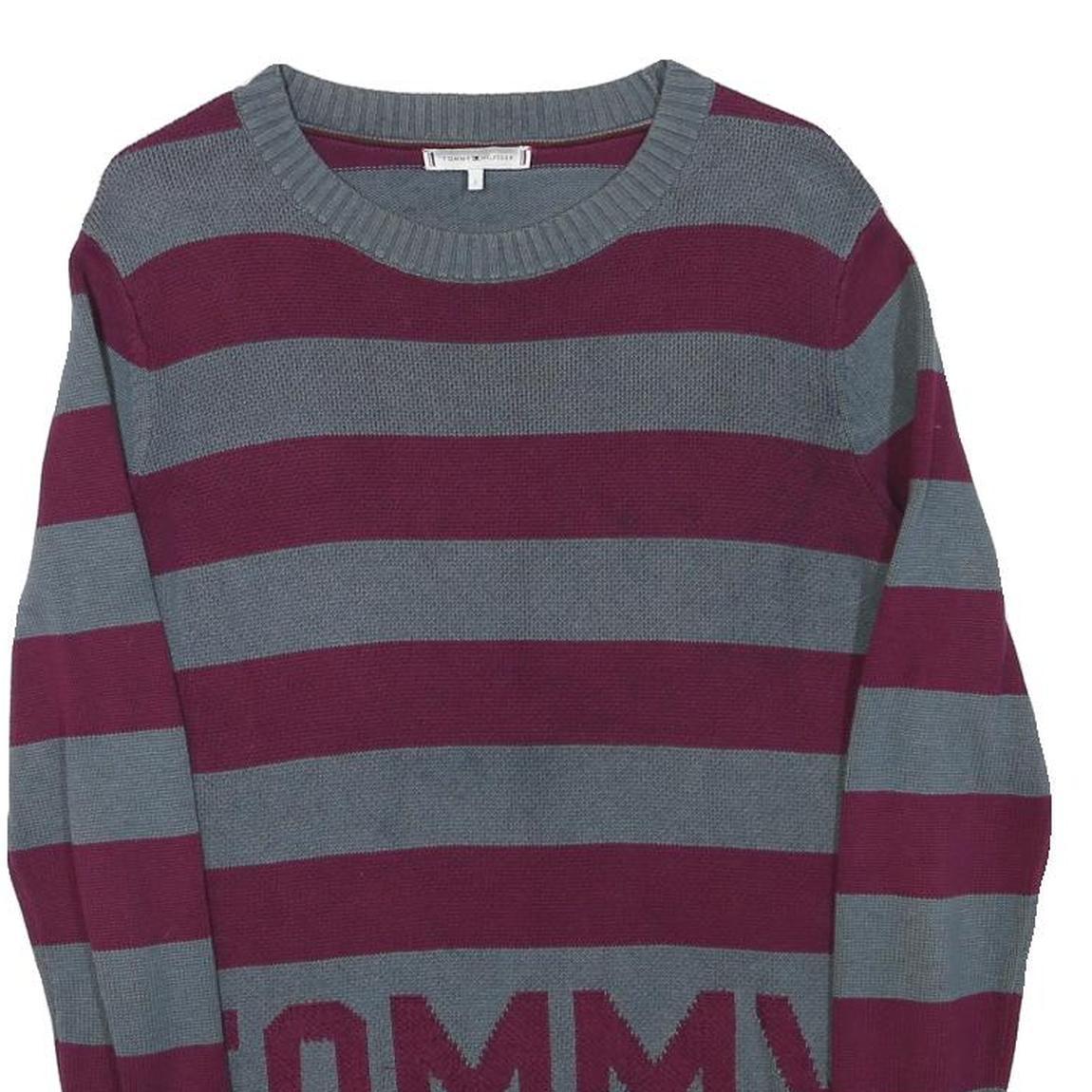 TOMMY HILFIGER Womens Grey & Maroon Striped Pattern Cotton Blend Jumper Crew