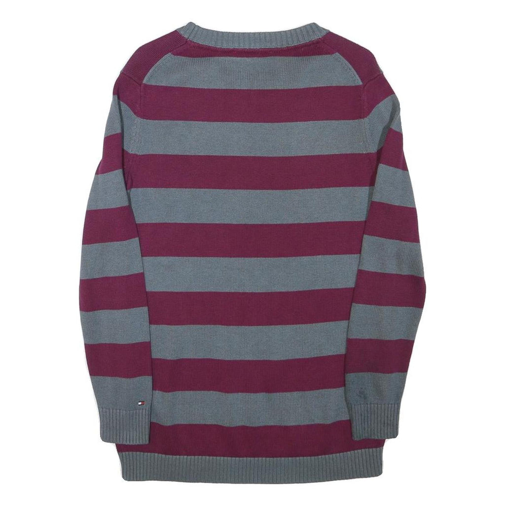 TOMMY HILFIGER Womens Grey & Maroon Striped Pattern Cotton Blend Jumper Crew
