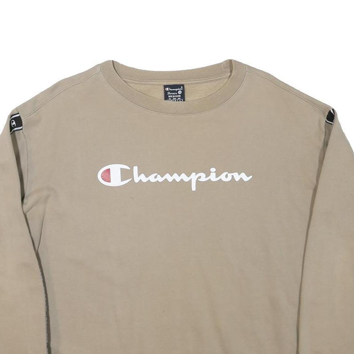 CHAMPION Mens Beige Cotton Blend Crew Neck M Logo Tape Sleeve Sweatshirt