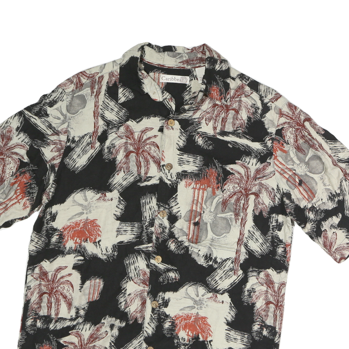 CARRIBEAN Mens Black & Cream Red Palm Tree Print Cotton Shirt S Casual Holiday