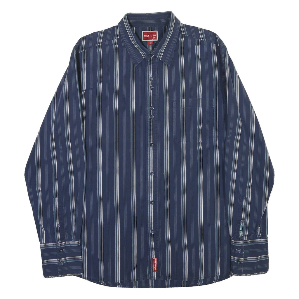 TOMMY HILFIGER Mens Blue & White Striped Shirt L Classic Fit Cotton Blend Long