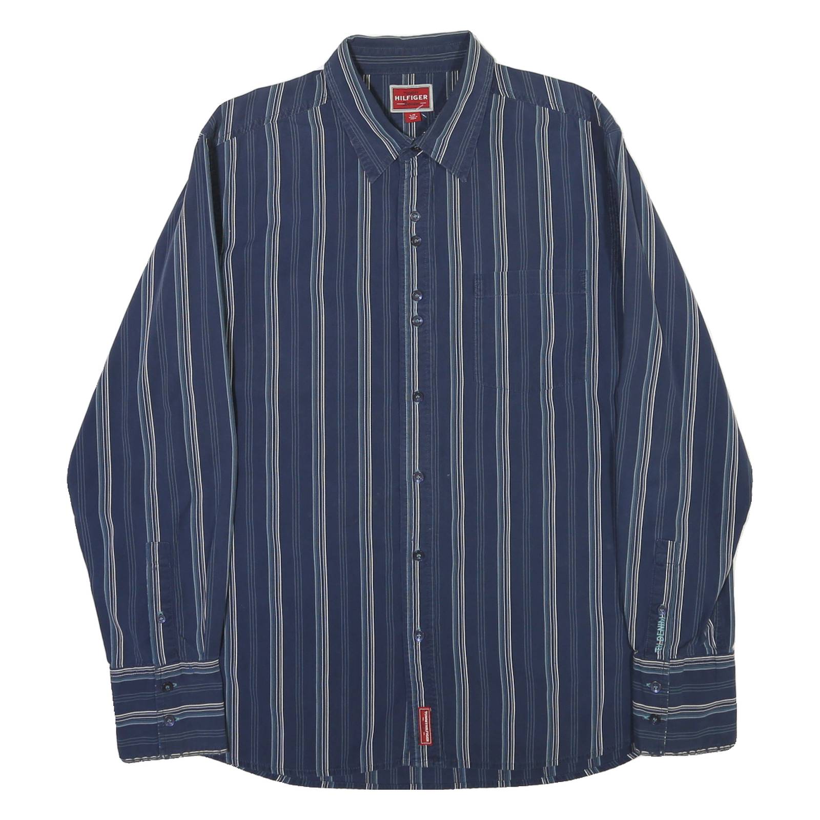 TOMMY HILFIGER Mens Blue & White Striped Shirt L Classic Fit Cotton Blend Long