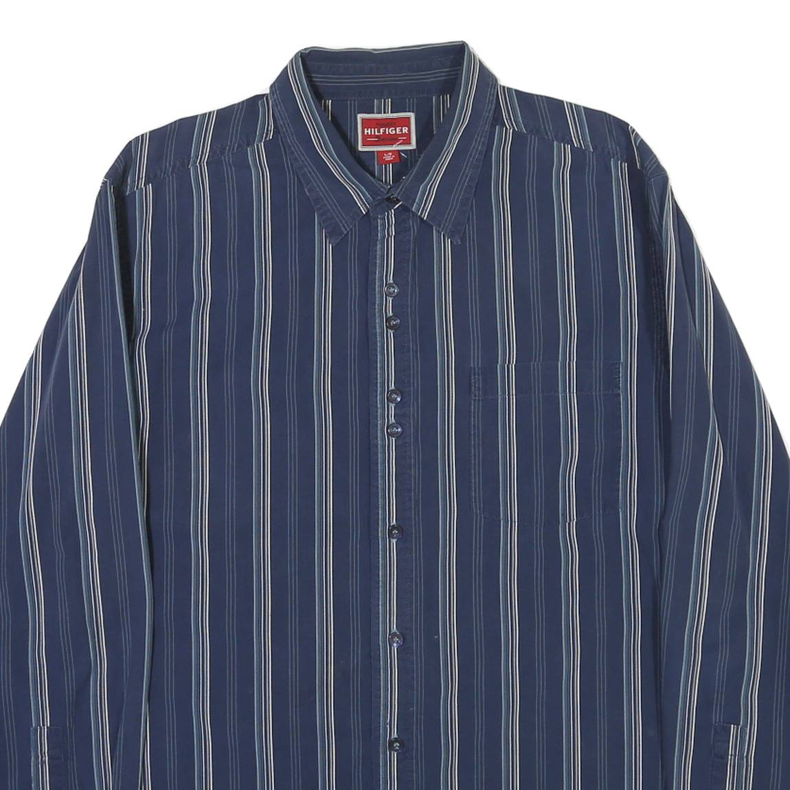 TOMMY HILFIGER Mens Blue & White Striped Shirt L Classic Fit Cotton Blend Long