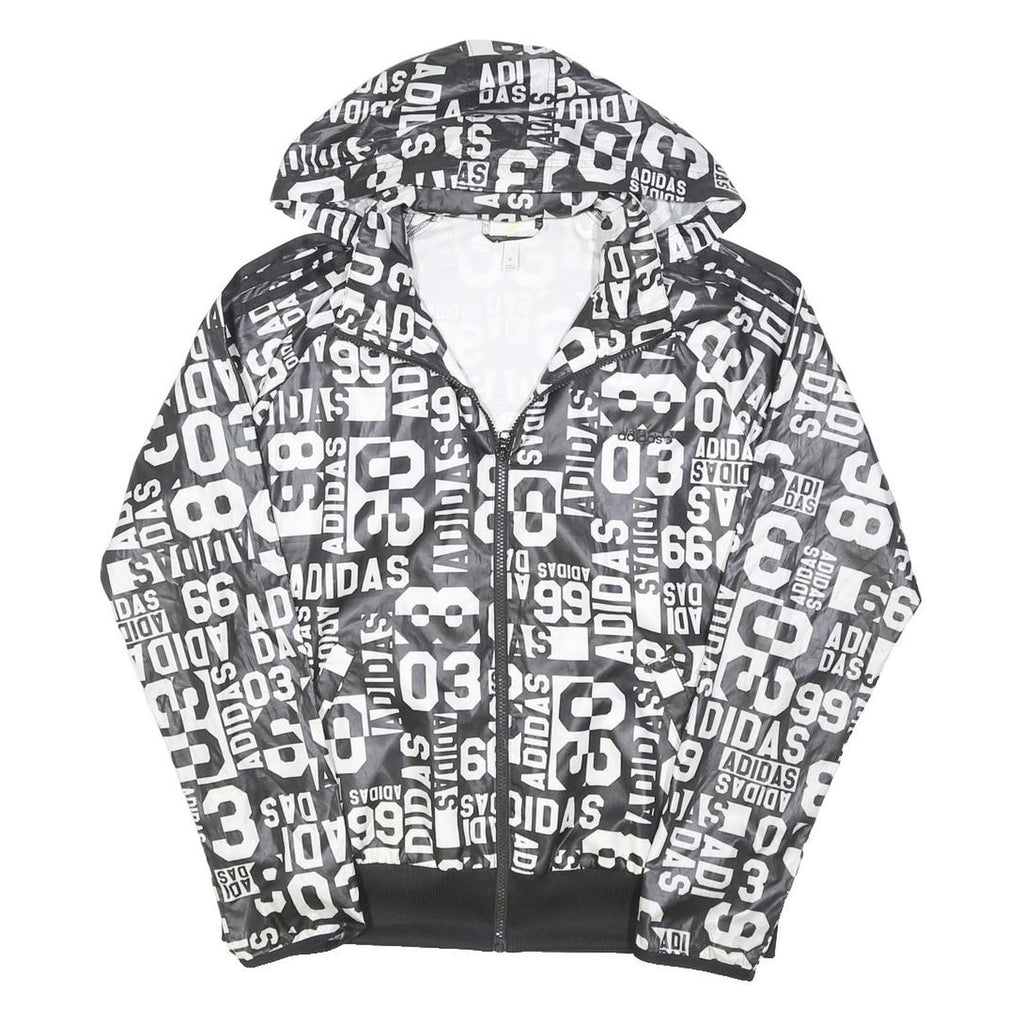 ADIDAS Womens Black & White Nylon Zip Hooded Jacket XL Graphic Print Sportswear