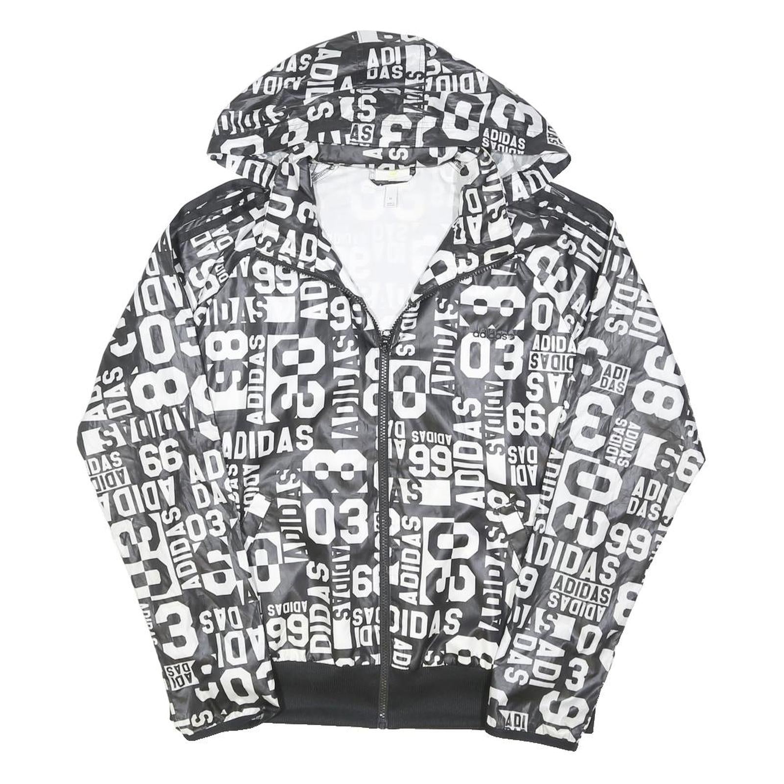 ADIDAS Womens Black & White Nylon Zip Hooded Jacket XL Graphic Print Sportswear