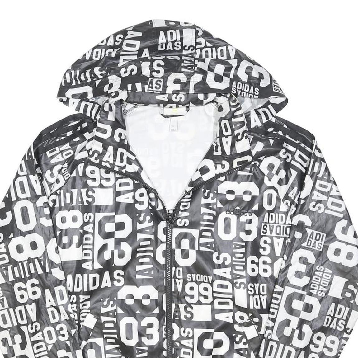 ADIDAS Womens Black & White Nylon Zip Hooded Jacket XL Graphic Print Sportswear