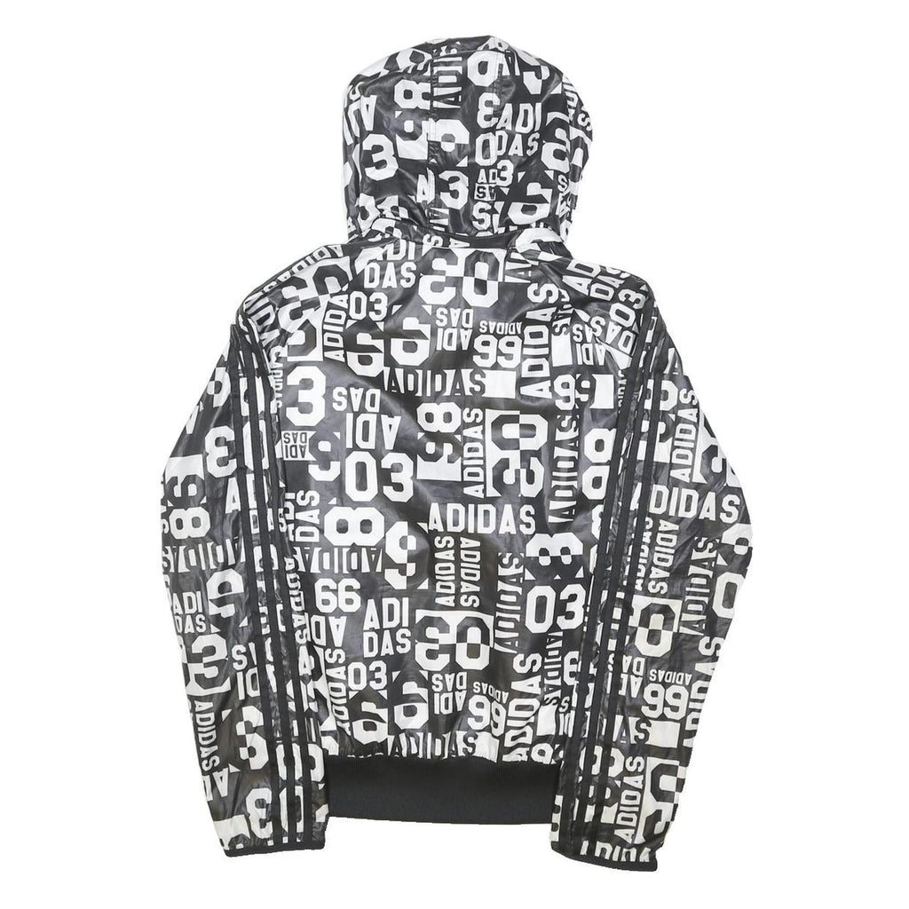 ADIDAS Womens Black & White Nylon Zip Hooded Jacket XL Graphic Print Sportswear