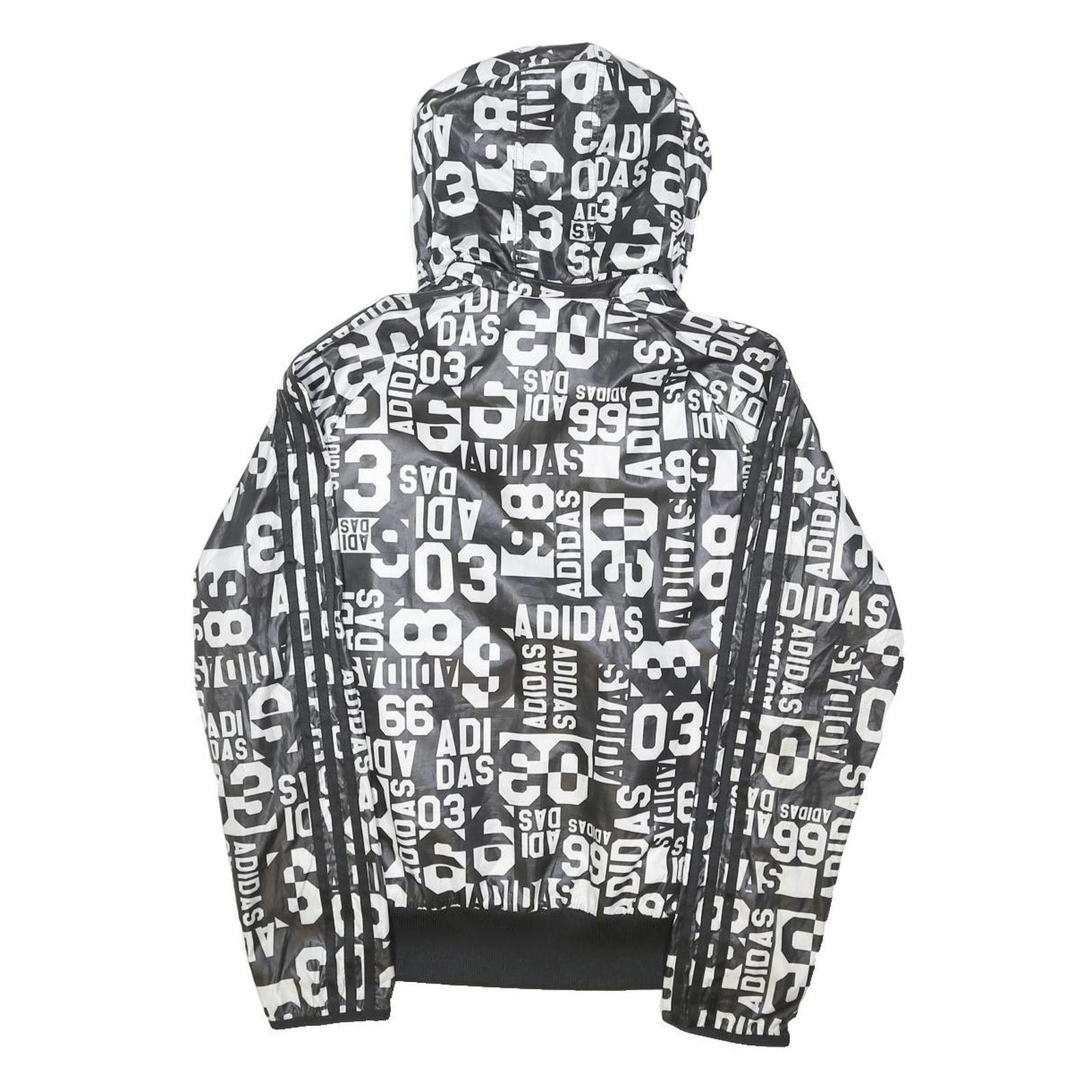 ADIDAS Womens Black & White Nylon Zip Hooded Jacket XL Graphic Print Sportswear