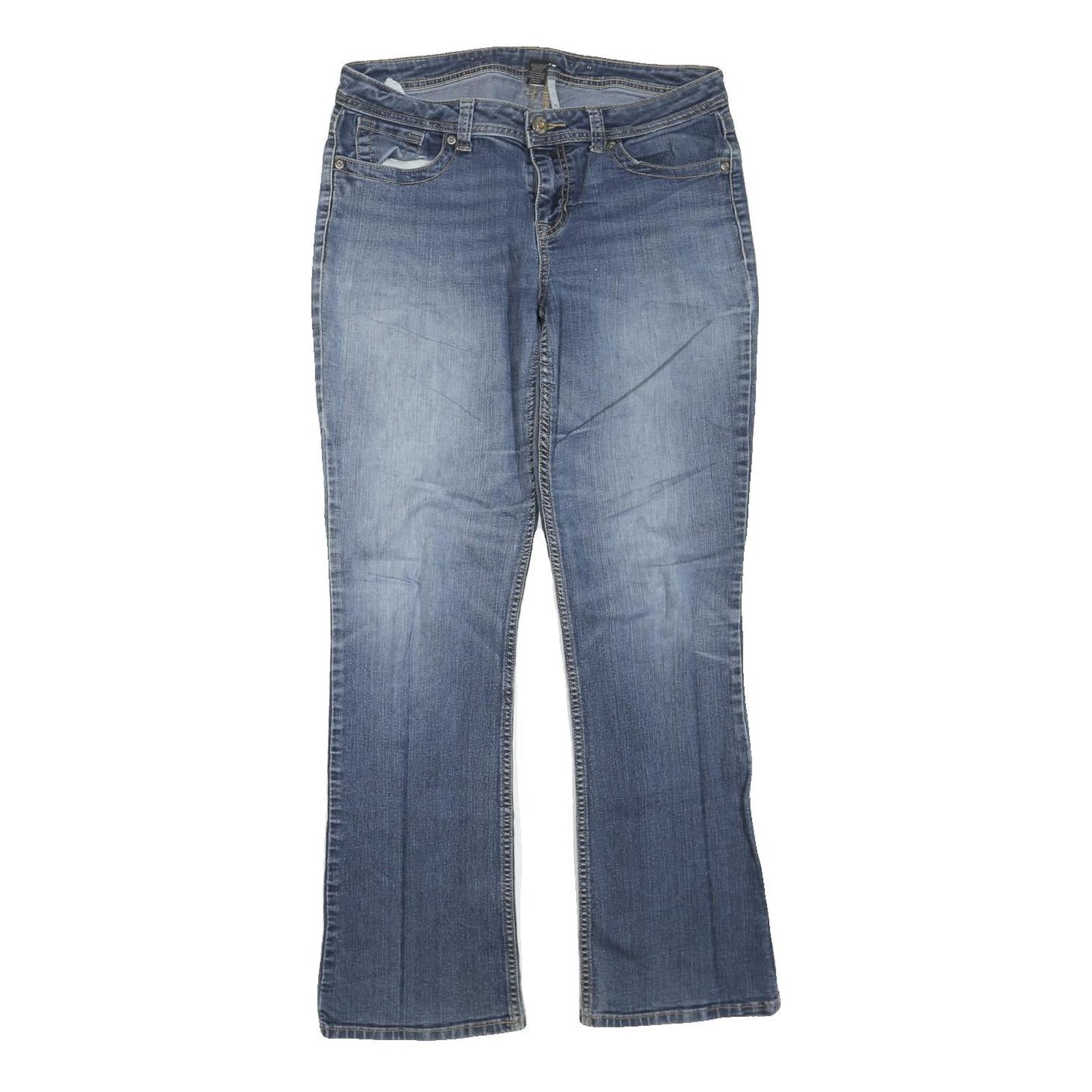 Womens Regular Fit Blue Denim Straight Leg Jeans W32 L30 Embellished Pockets Zip