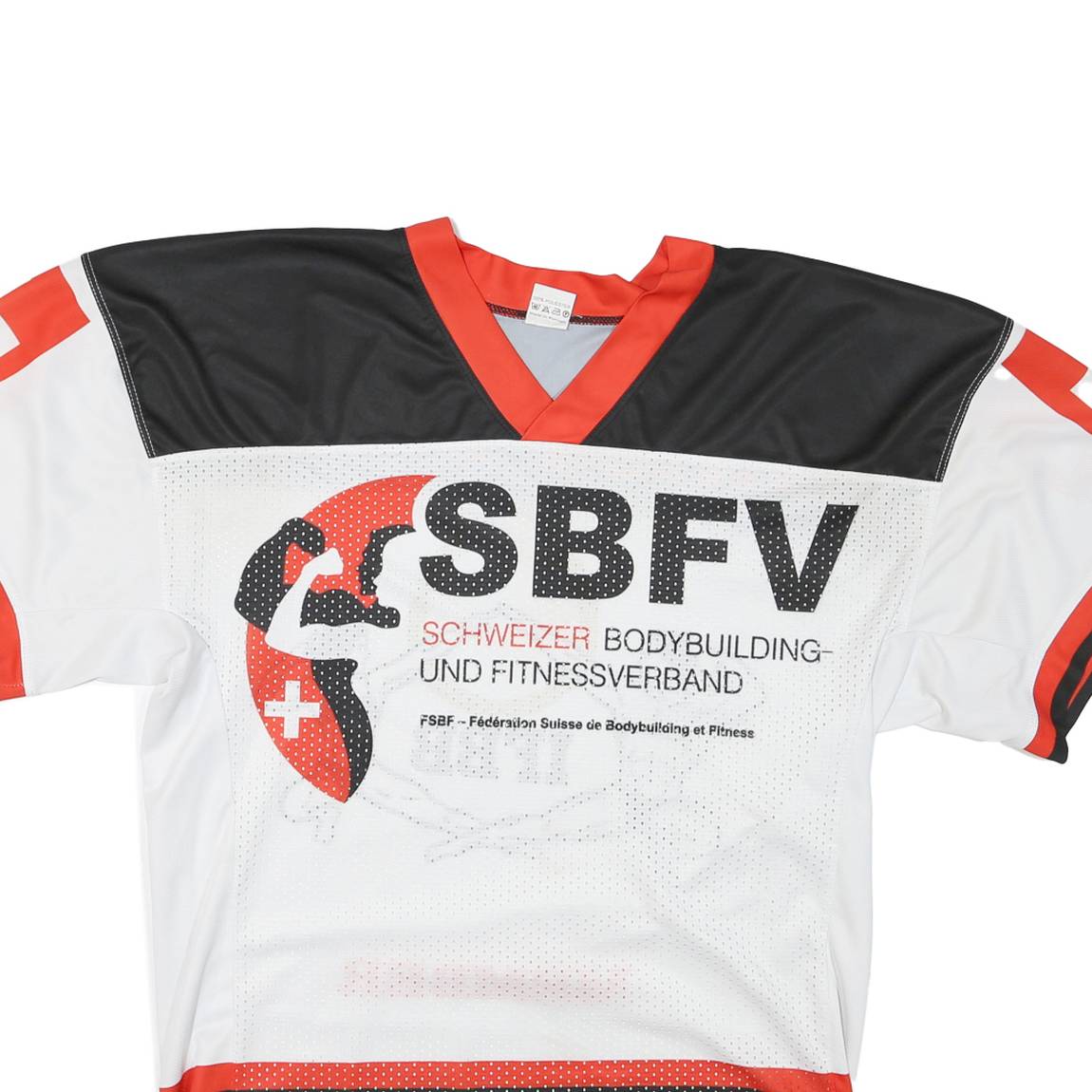Mens White Black & Red Swiss Bodybuilding Fitness Graphic T-Shirt S V-Neck Short