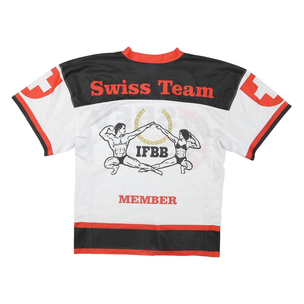 Mens White Black & Red Swiss Bodybuilding Fitness Graphic T-Shirt S V-Neck Short