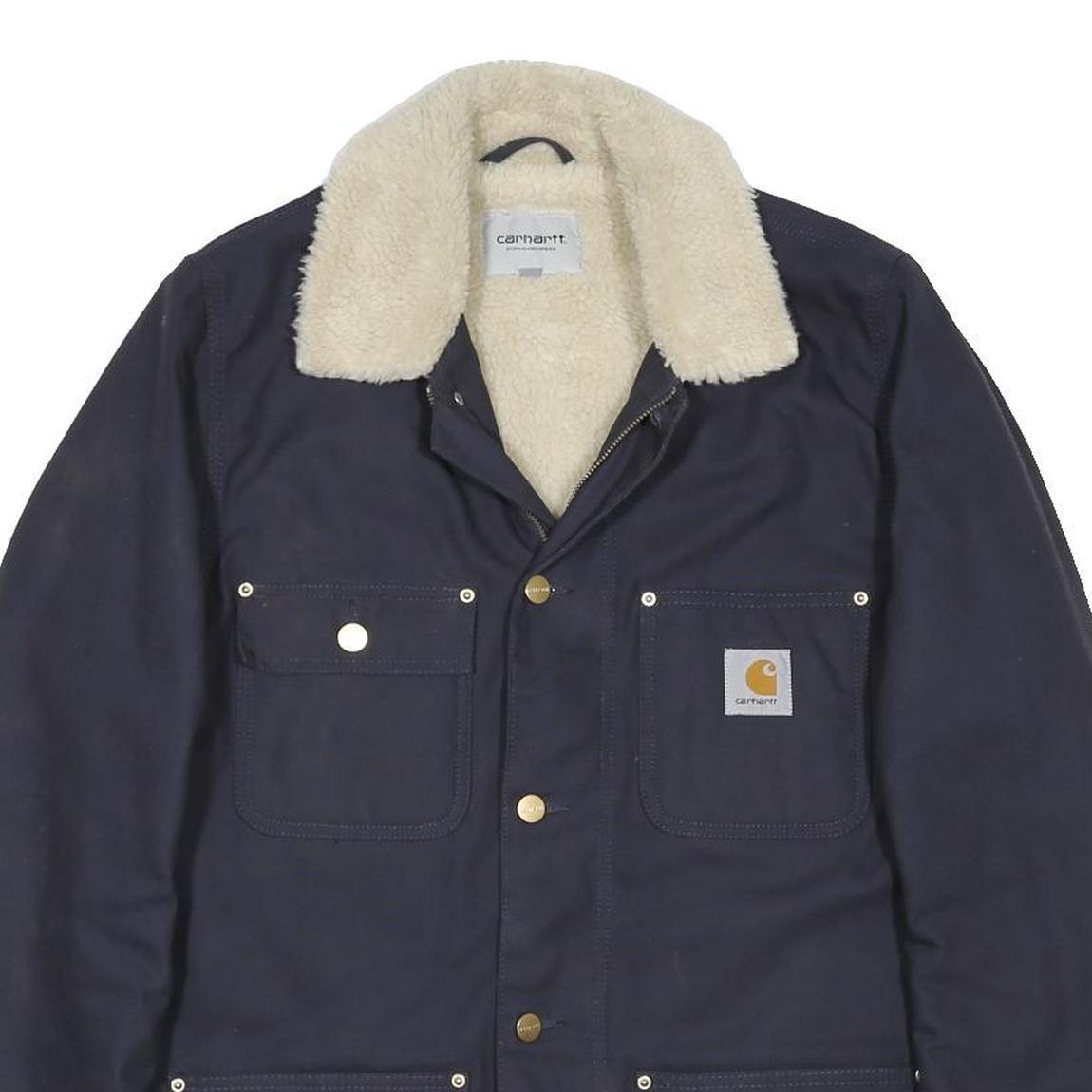 CARHARTT WIP Fairmount Coat Mens Navy Blue Sherpa Collar Jacket M Workwear