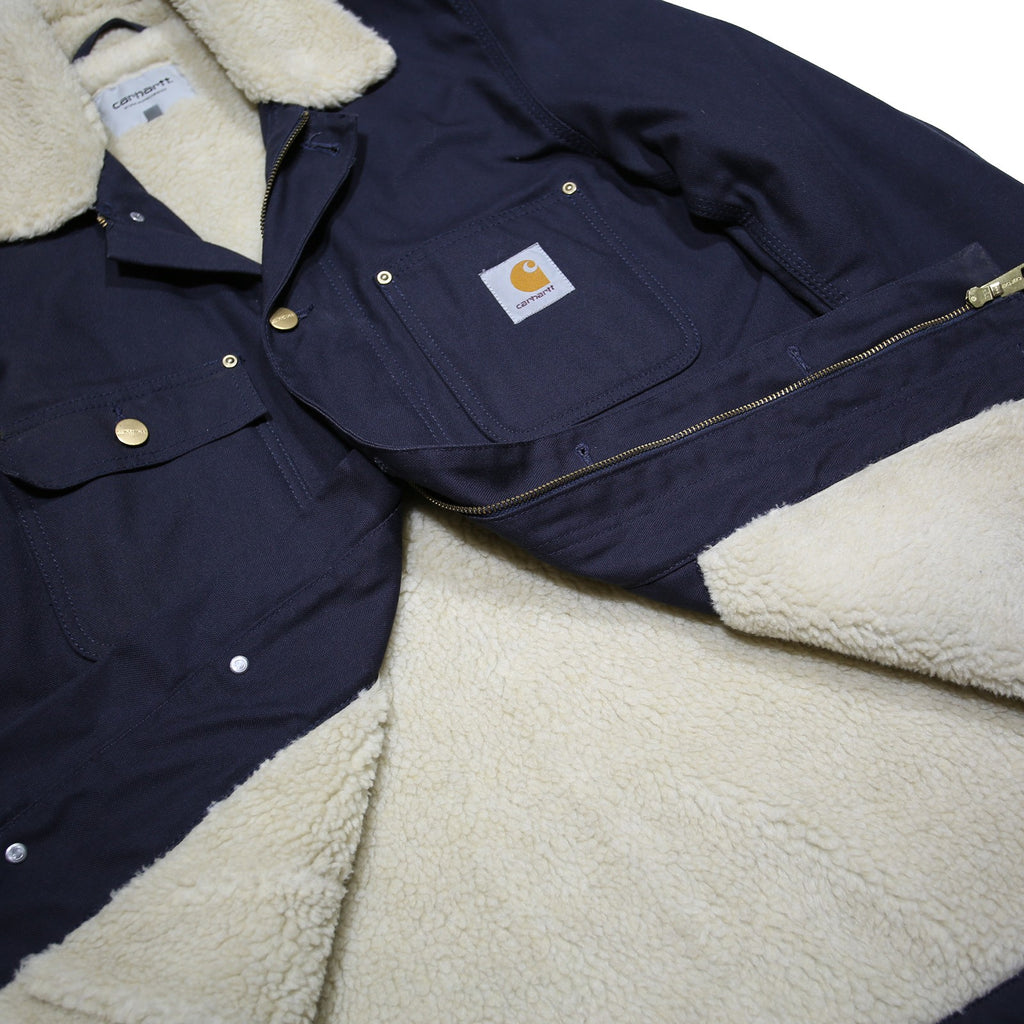 CARHARTT WIP Fairmount Coat Mens Navy Blue Sherpa Collar Jacket M Workwear