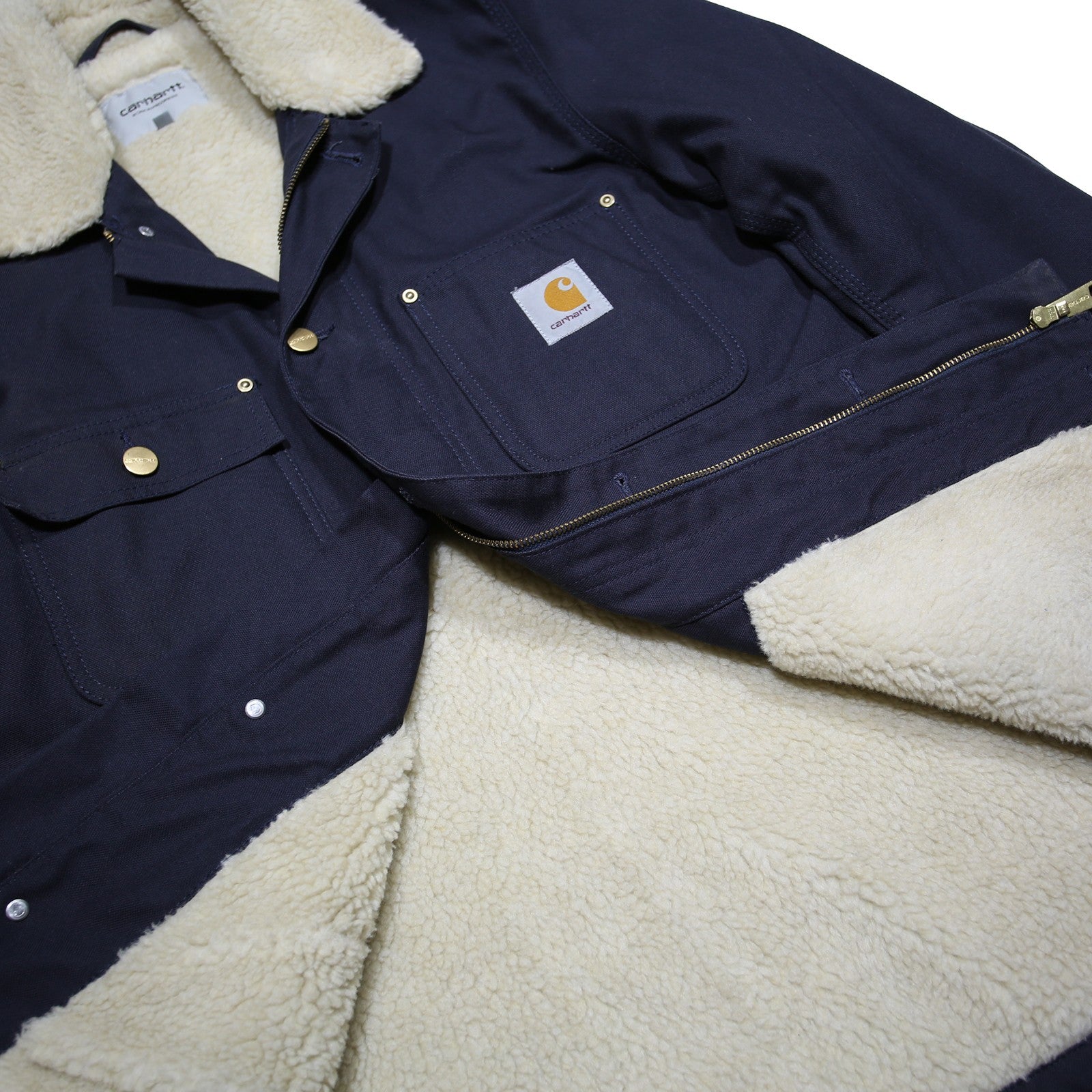 CARHARTT WIP Fairmount Coat Mens Navy Blue Sherpa Collar Jacket M Workwear