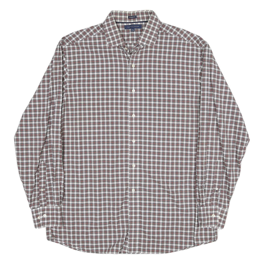 TOMMY HILFIGER Mens White & Brown Check Shirt L Cotton Blend Classic Fit